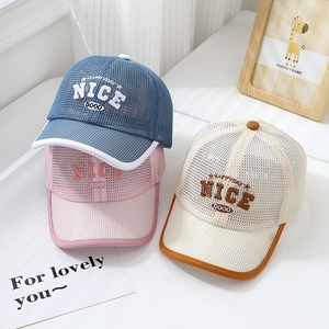 Breathable mesh baseball caps for kids featuring NICE embroidery in blue, pink and beige
