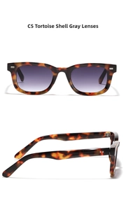 Detail view of tortoiseshell square sunglasses with C5 grey gradient lenses and rivets