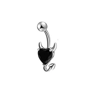 Detailed view of devil heart navel ring with black gemstone, silver horns and arrow tail