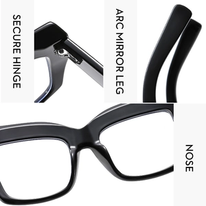 Detail view of reinforced metal hinges and ergonomic curved temples on black square glasses