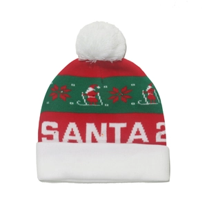 LED Christmas beanie with Santa Claus patterns and flashing lights on white background