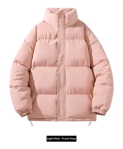 Front view of a light pink padded puffer jacket with stand collar and quilted texture