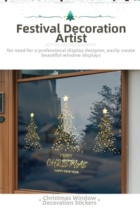 Golden star Christmas tree window stickers with Merry Christmas and Happy New Year text