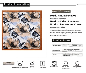 Detailed size chart for the 90x90cm floral square silk scarf with washing instructions