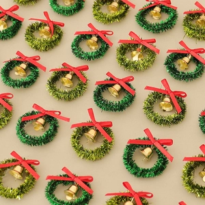 Miniature Christmas Wreath Tiny Tinsel Garland With Red Ribbon Bow And Gold Bell DIY Dollhouse Craft Festive Decor
