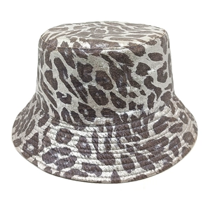 Detail of leopard print bucket hat showing reinforced stitching and metallic texture