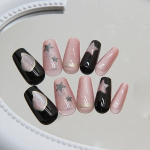 Unghie finte cat eye con stelle rosa e nere, forma a ballerina, set da 24 pezzi
