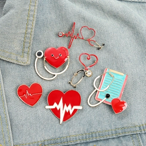 Medical Stethoscope Heart Brooch Pin Alloy Enamel ECG Rhinestone Lapel Pins For Nurses Doctors And Students