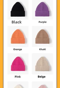 Detailed grid view of ribbed knit beanies in black, purple, orange, khaki, pink, and beige