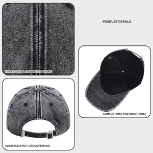 Vintage washed black denim baseball cap with adjustable metal buckle for men and women