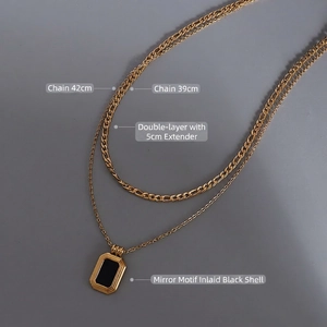 Double-layer gold-plated stainless steel necklace with black shell pendant detail