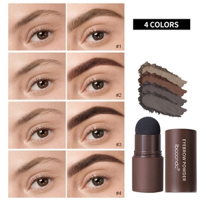 Detail showing four eyebrow powder shades with sponge applicator and before-after results