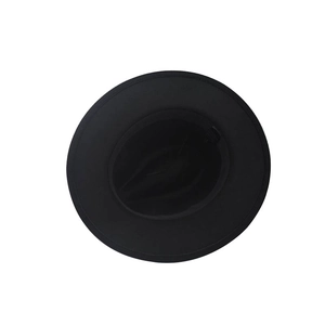 Top view of black wide brim wool fedora hat showing crown structure on white background