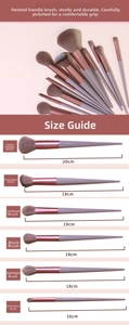 Detailed size specifications for powder, foundation, and blush makeup brushes in the set