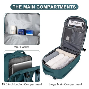 Detail view of large capacity backpack with wet pocket and 15.6 inch laptop compartment