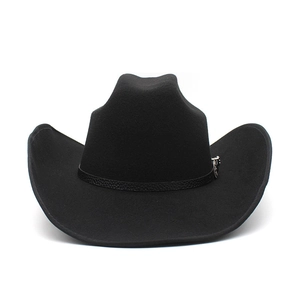 Classic black Western cowboy hat with leather band and metal buckle in a front view