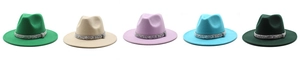 Row of colorful wool fedora hats with crystal diamond bands in various fashion shades