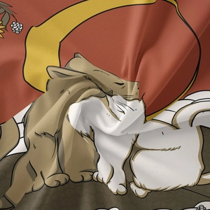 Close-up of bohemian cat tapestry fabric showing fine digital printing and soft texture