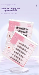 Detail of self-adhesive false eyelashes set with 5 rows and pink packaging