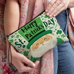 Canvas St. Patrick's Day makeup bag with gnome clover print and zipper strap