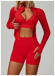Ensemble de yoga rouge 3 pièces sans couture avec brassière et veste zippée