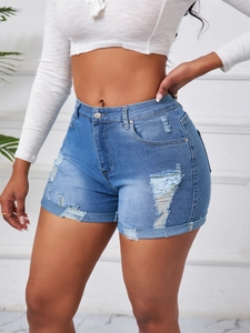 Damen Denim Shorts Zerrissene Hohe Taille Baumwolle Distressed Aufgeschlagener Saum Sexy Slim Fit Sommer