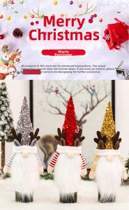 Close-up of three Christmas gnome wine bottle covers with sequins, antlers and white beards