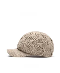 Side view of khaki knitted baseball cap with thick cable knit pattern and curved brim