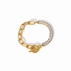18K vergoldetes Gliederkettenarmband mit rechteckigen Zirkoniasteinen und Knebelverschluss