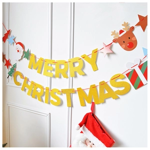 Detail of glittery Merry Christmas banner with Santa and reindeer on white door