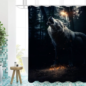 Waterproof forest wolf shower curtain with hooks for modern bathroom decoration