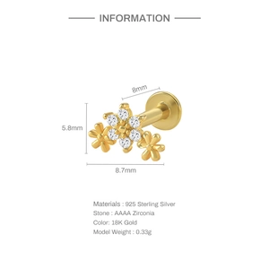 Detailed size specifications of 925 silver flower stud earring with zirconia and 18K gold