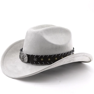 Close-up of light grey wool cowboy hat featuring silver studs and vintage embossed buckle