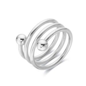 Vintage silver-colored stainless steel multi-layer spiral ring with round bead accents
