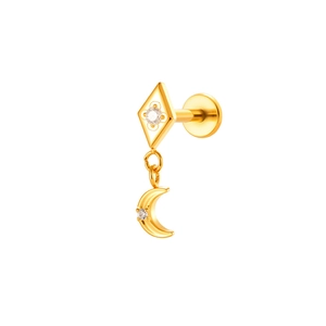 Titanium flat back labret stud with gold crescent moon and sparkling zircon stone