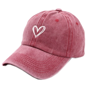 Vintage washed dark red baseball cap featuring minimalist white heart embroidery