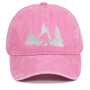 Close-up of Bigfoot silhouette embroidery on pink washed cotton vintage baseball cap