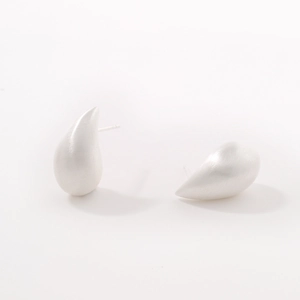 Minimalist matte silver water drop stud earrings shown on a clean white background