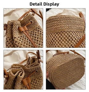 Detailed close-up of woven straw texture, leather drawstring, and metal rings on bucket bag