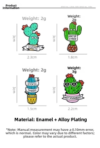 Detail view of cartoon cactus enamel pins with hug me slogans and size dimensions