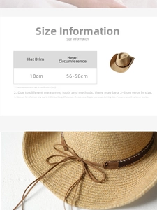 Size chart for western cowboy hat showing 10cm brim and 56-58cm head circumference info