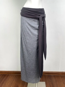 Deep gray contrast stitch knit maxi skirt with side lace-up detail and draped silhouette