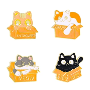 Set of 4 cute cartoon cat enamel pins featuring kittens in cardboard boxes for clothing