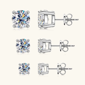 Three sizes of 925 silver moissanite stud earrings showing front and side views