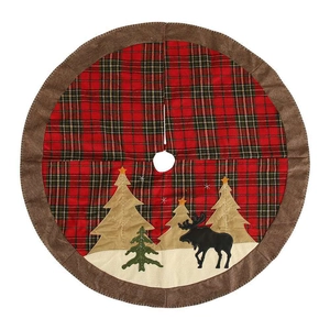 Classic round Christmas tree skirt with red and green plaid and elk embroidery motif