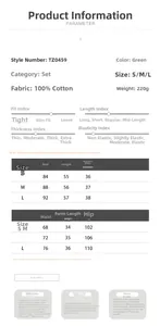 Detailed size chart for women green 100% cotton set with measurements for S, M and L