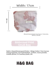 Detail view of pink bow jacquard bag with size 17x14cm and canvas lining storage