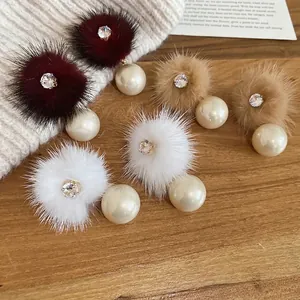 Winter faux fur pompom earrings with sparkling zircon and large cream pearls for women