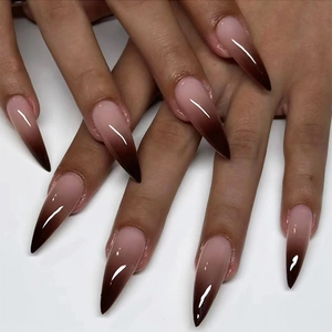 Faux Ongles Longs Stiletto Dégradé Marron Café Forme Amande Brillant Plastique ABS Amovible Pour Femmes