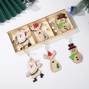 Set of 6 wooden Christmas ornaments featuring Santa, reindeer and snowman in a wood box